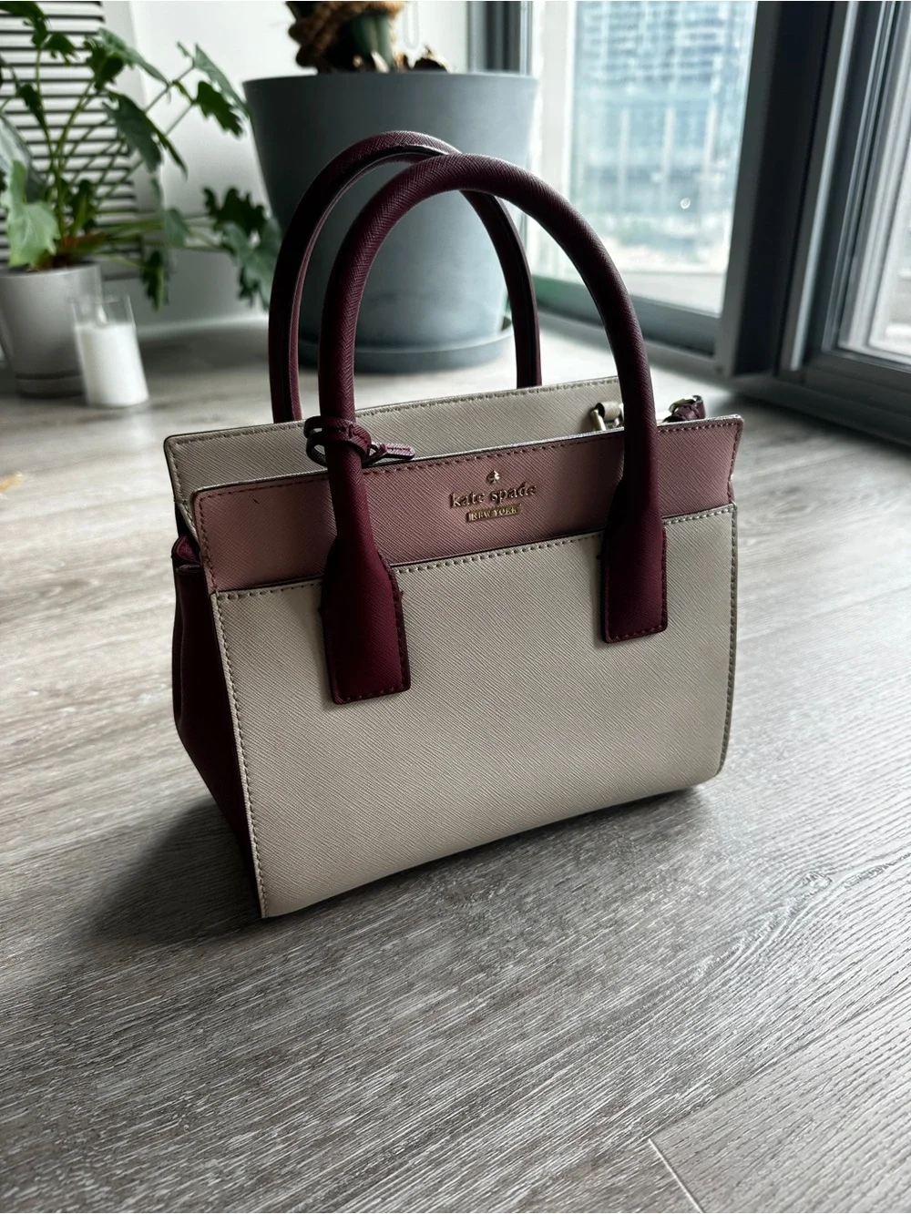 kate spade Cream and Burgundy Leather Top-Handle Satchel